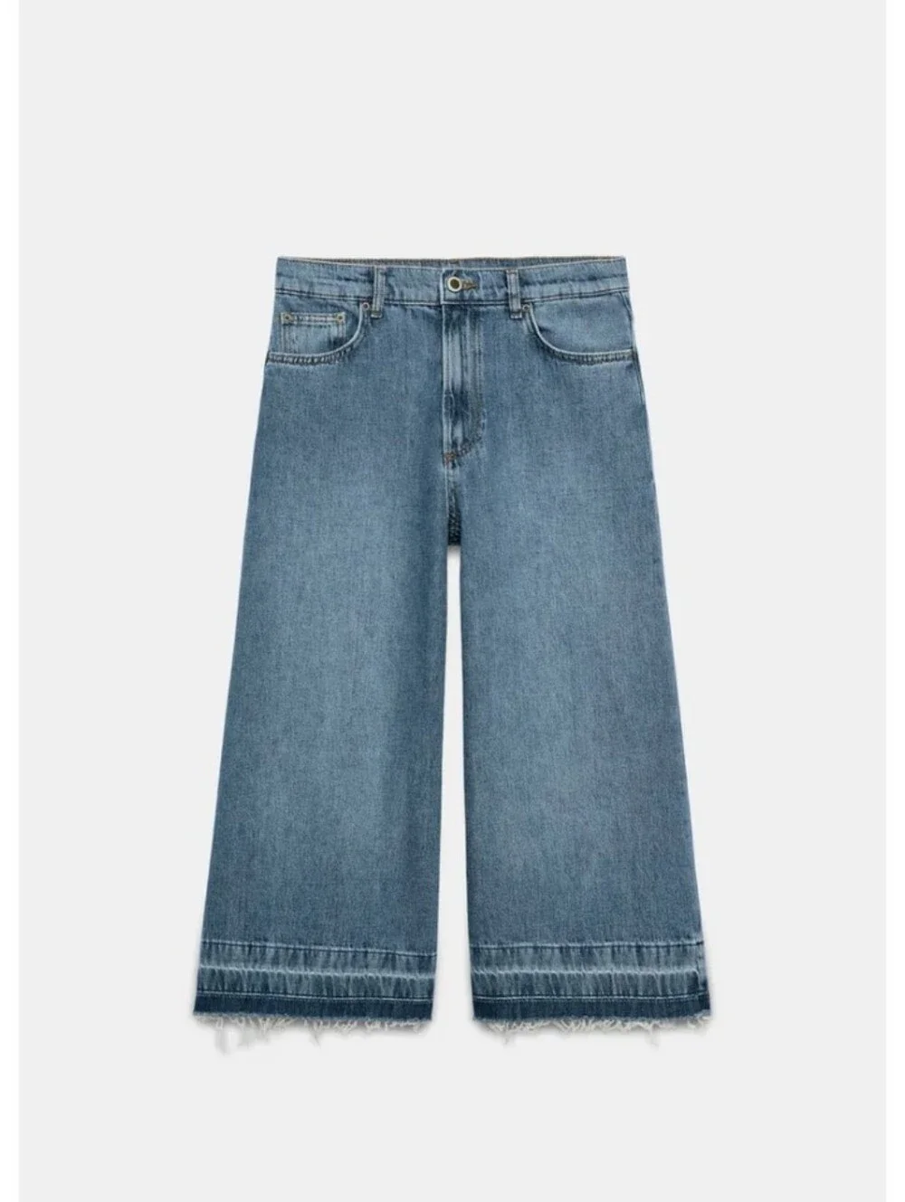 Zara Zw Collection Blue Wide-Leg Frayed Hem Denim Bermuda Shorts